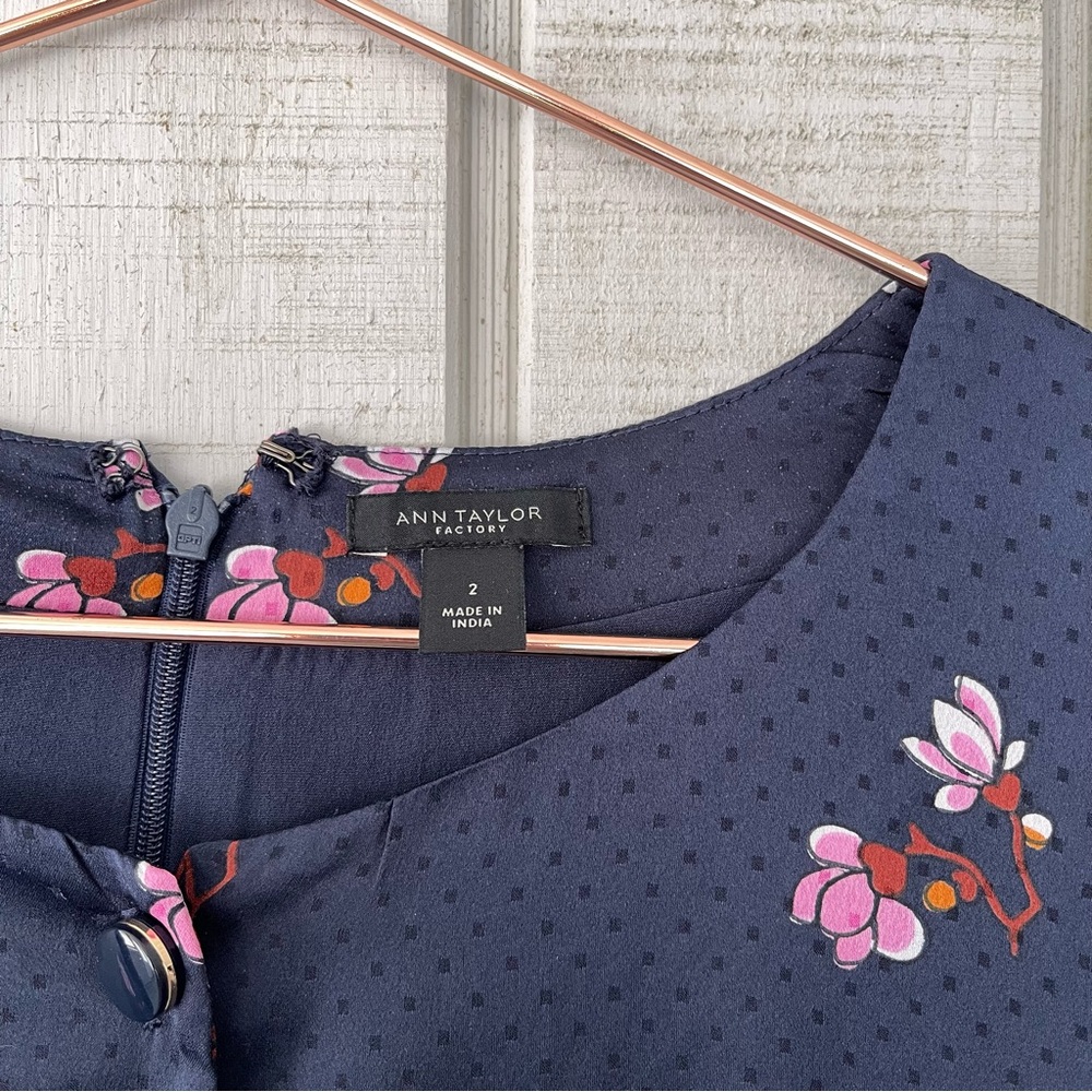 Ann Taylor Navy Floral Polka Dot Midi Dress Puff Sleeve Button Front 2 - Picture 5 of 7
